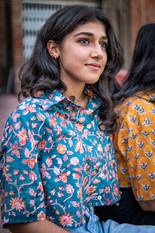 Teal Jaal Crop Shirt